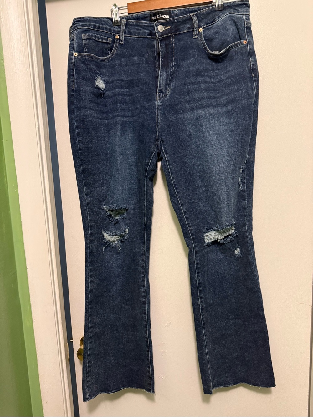 Fashion Nova Dark Blue Distressed Flare Jeans